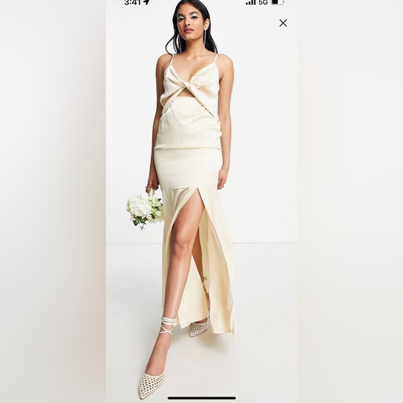 Liquorish Bridesmaid Satin Twist Front Maxi dress with split in champagne size 4 - Picture 1 of 2